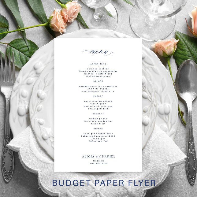 Budget simple navy and white wedding menu (Creator Uploaded)