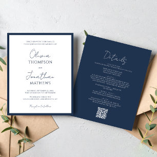 BUDGET Simple Navy Blue Script QR Code Wedding