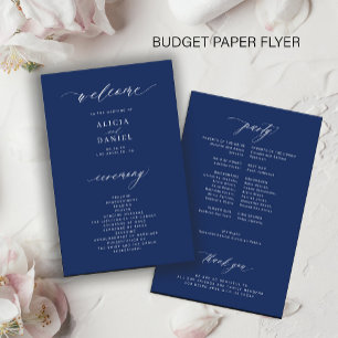 Budget simple navy blue white wedding program flyer