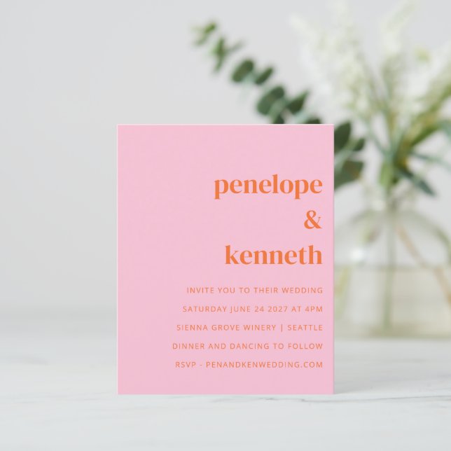 Budget Simple Pink Orange Wedding Invitation (Standing Front)