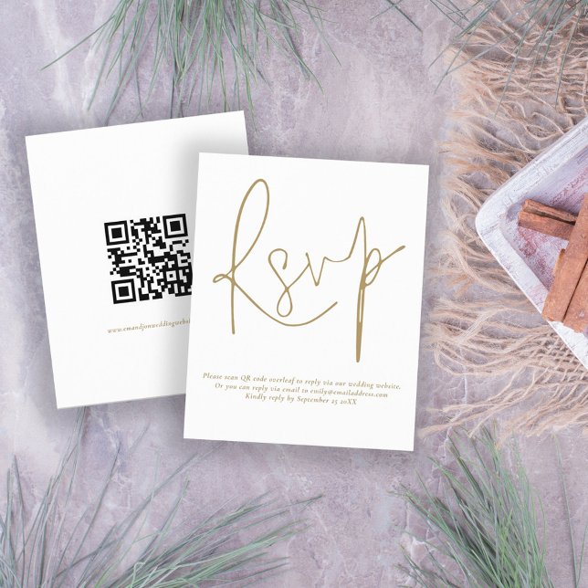 Budget Simple QR Code Gold Script Wedding RSVP (Front and back view. )