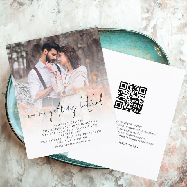 Budget Simple QR Code Photo Overlay Wedding Invite (Front and back view. Budget price smaller alternative)