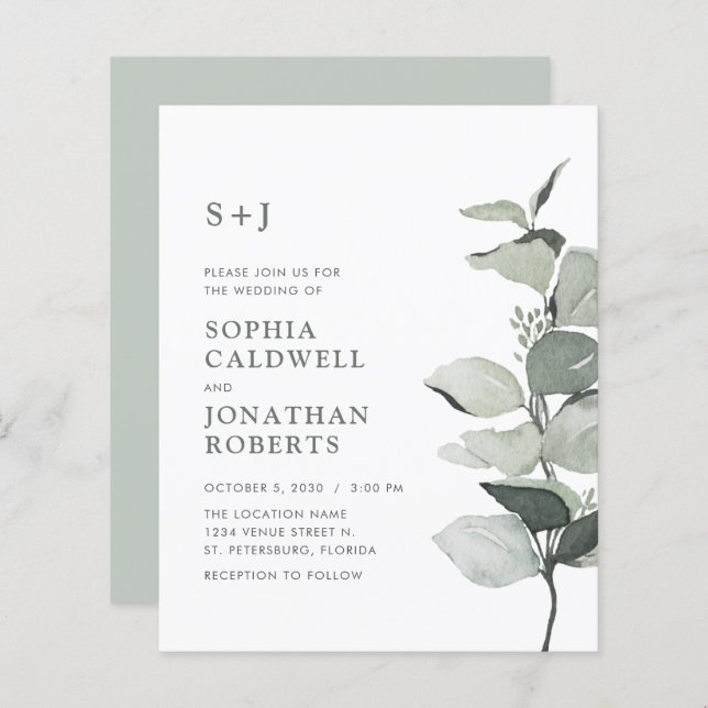 Budget Simple Sage Eucalyptus Wedding Invite (Front/Back)