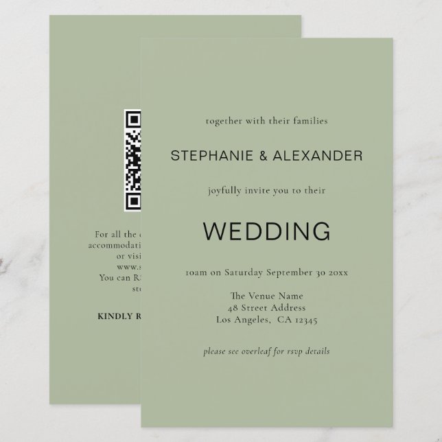 Budget Simple Sage Green QR Code Wedding Invite (Front/Back)