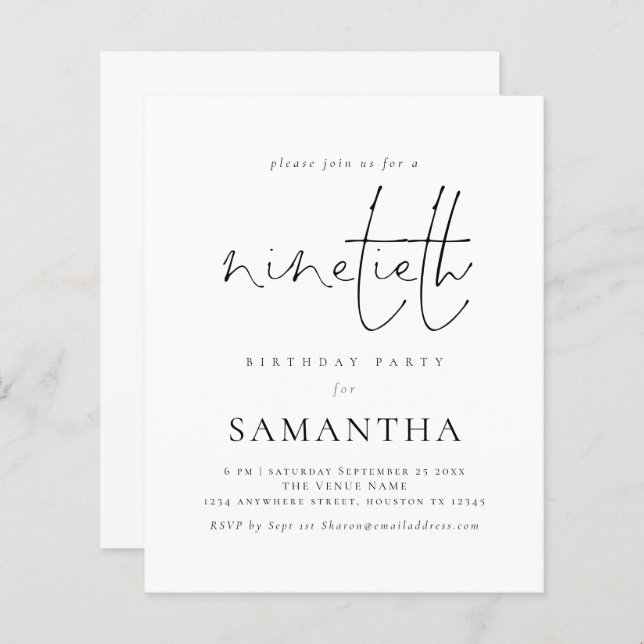 Budget Simple Script 90th Birthday Party Invite (Front/Back)