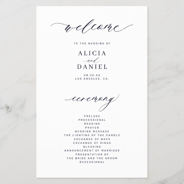 Budget simple script dark navy wedding program flyer (Front)