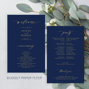 Budget simple script gold navy wedding program flyer