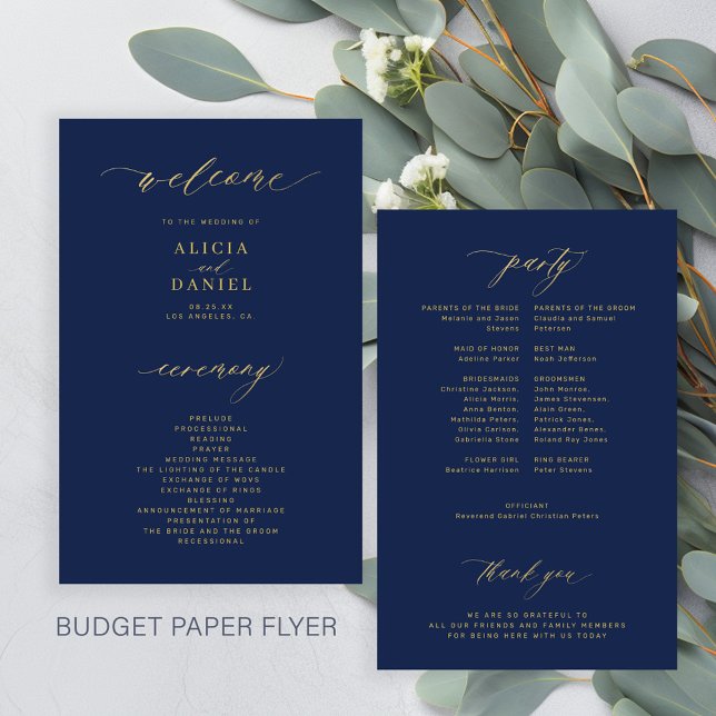 Budget simple script gold navy wedding program flyer (Creator Uploaded)