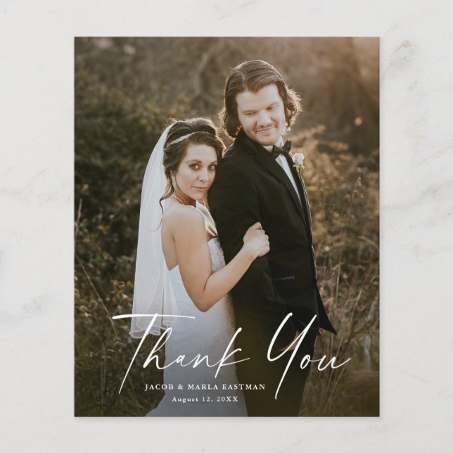 Budget Simple Script Photo Wedding Thank You Card (Front)