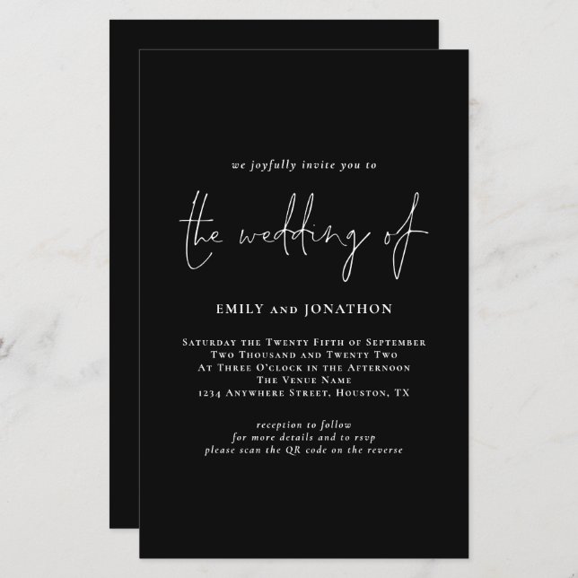 Budget Simple Script QR Code Black Wedding Invite (Front/Back)