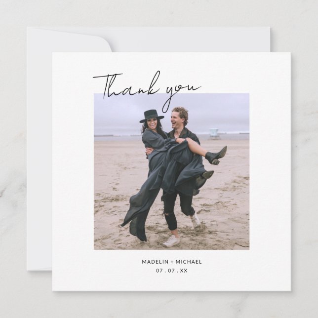 Budget Simple Script Wedding Photo Thank you Card (Front)