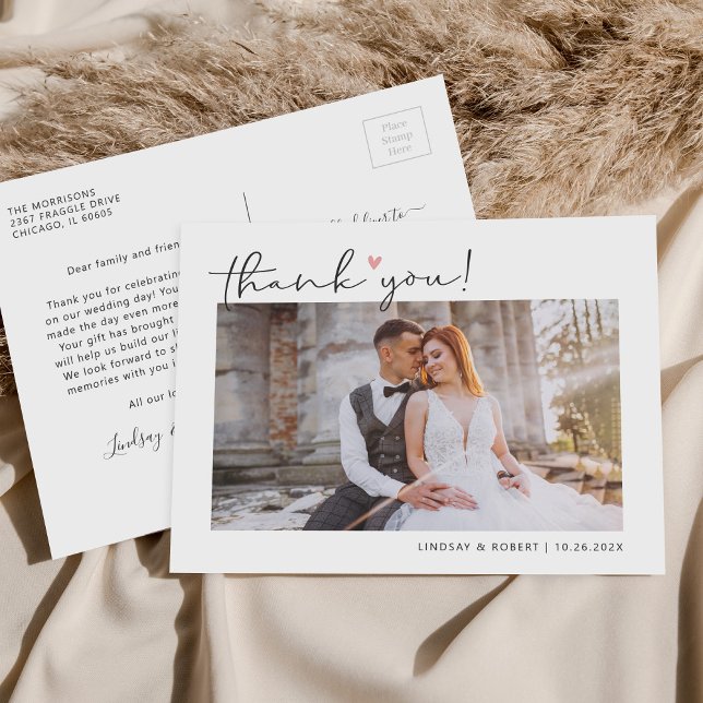 Budget Simple Script Wedding Photo Thank You Postcard (Creator Uploaded)