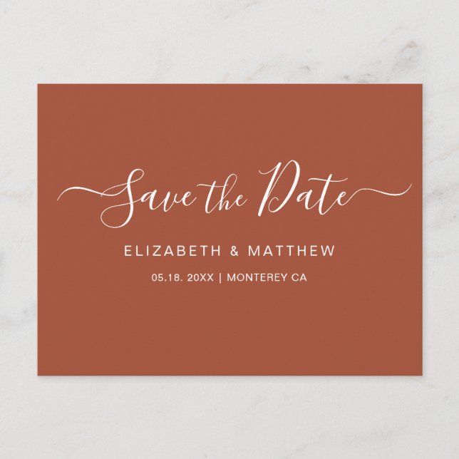 Budget Simple Terracotta Script Save the Date Announcement Postcard (Front)