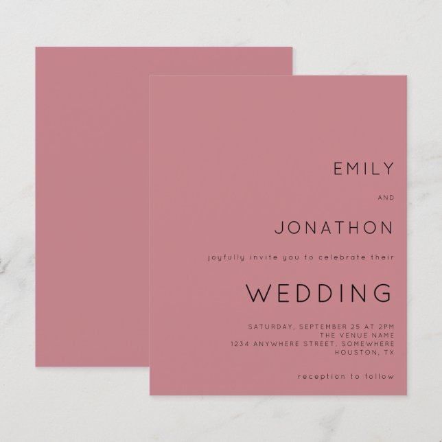 Budget Simple Text Dusty Rose Wedding Invitation (Front/Back)
