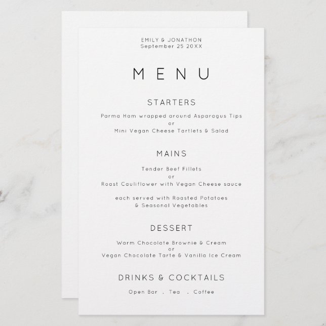 Budget Simple Typography BlacK White Wedding Menu (Front/Back)