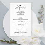 Budget Simple White Wedding Menu<br><div class="desc">An excellent value, a 5.5" x 8.5" white dinner menu is printed on thinner 80 lb uncoated matte paper and features your food choices in chic lettering. Perfect for a modern wedding reception, wedding rehearsal dinner, anniversary party or any special event with a sit-down dinner. MORE DESIGNS and colours in...</div>