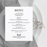 Budget Simple White Wedding Menu<br><div class="desc">An excellent value, a white dinner menu printed on thinner 80 lb uncoated matte paper features your food choices in chic lettering. Perfect for a modern wedding reception, wedding rehearsal dinner, anniversary party or any special event with a sit-down dinner. Measures 4.5" x 5.6", but you can choose from 3...</div>