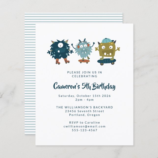 Budget Skateboard Monsters 5th Birthday Invitation (Front/Back)
