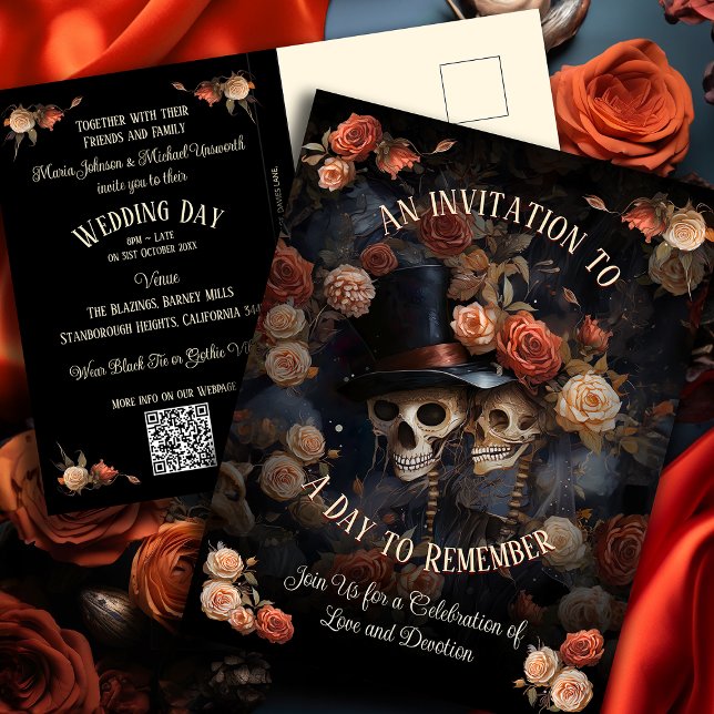 Budget Skeletons RSVP Gothic Wedding Invitation Postcard (Creator Uploaded)