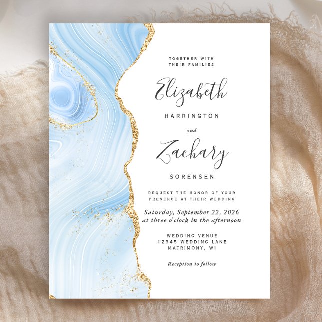 Budget Sky Blue Gold Agate Wedding Invitation (Creator Uploaded)