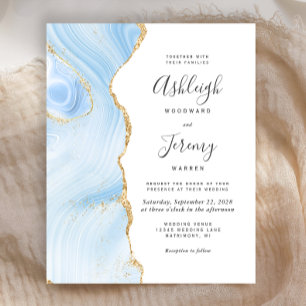 Budget Sky Blue Gold Agate Wedding Invitation