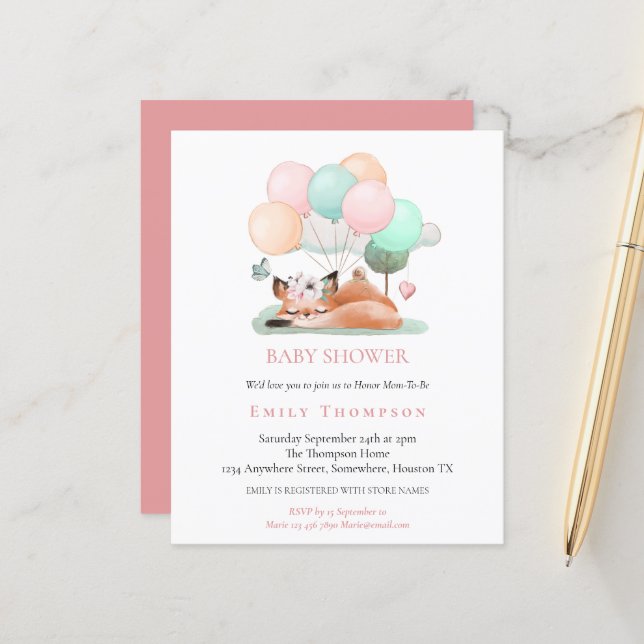 Budget Sleeping Fox Pink Baby Shower Invitation (Front/Back In Situ)