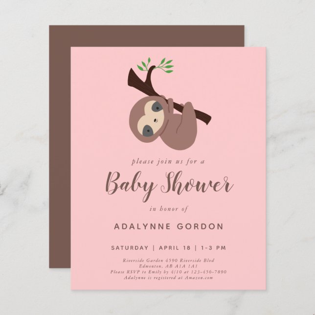 Budget Sloth Baby Shower Girl Pink Brown Cute  (Front/Back)