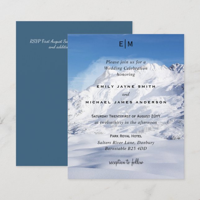 Budget Snowy Mountain Alps Skiing Wedding Invites (Front/Back)