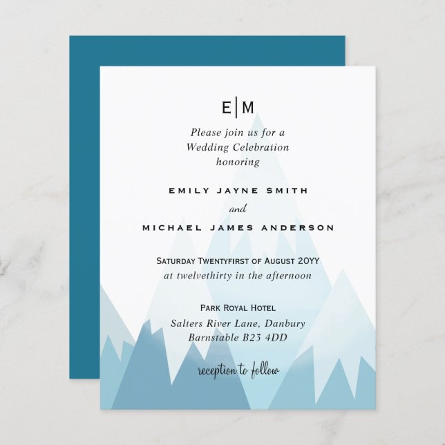 Budget Snowy Mountain Skiing Winter Wedding Invite (Front/Back)