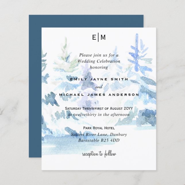 Budget Snowy Mountain Trees Skiing Wedding Invites (Front/Back)