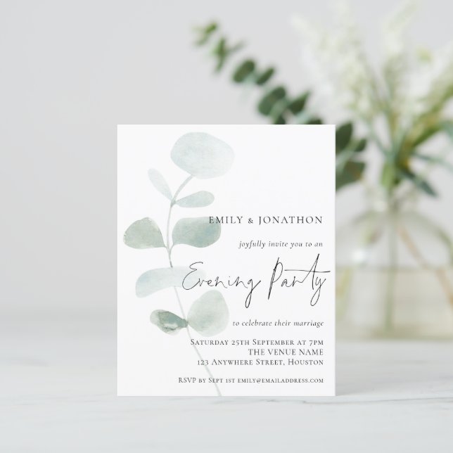 Budget Soft Eucalyptus Wedding Evening Invitation (Standing Front)
