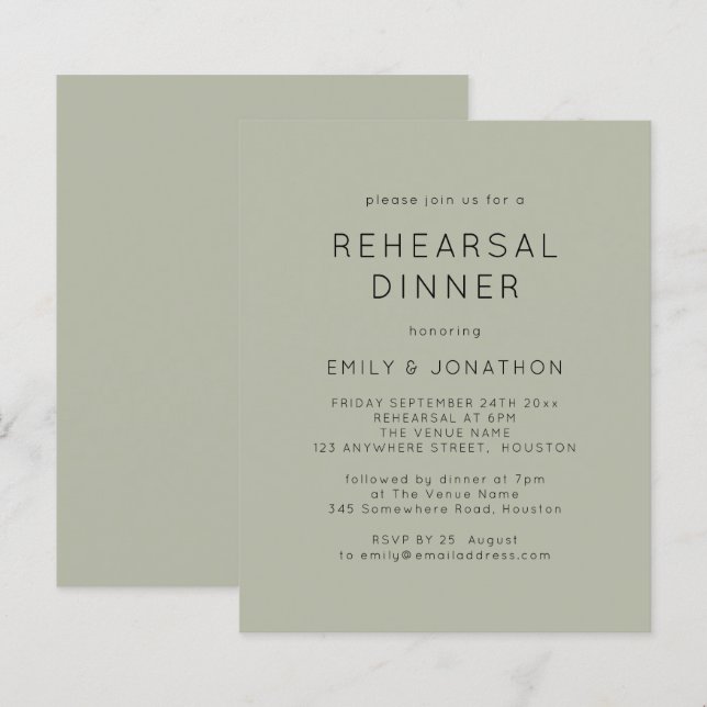 Budget Soft Sage Rehearsal Dinner Wedding Invite (Front/Back)