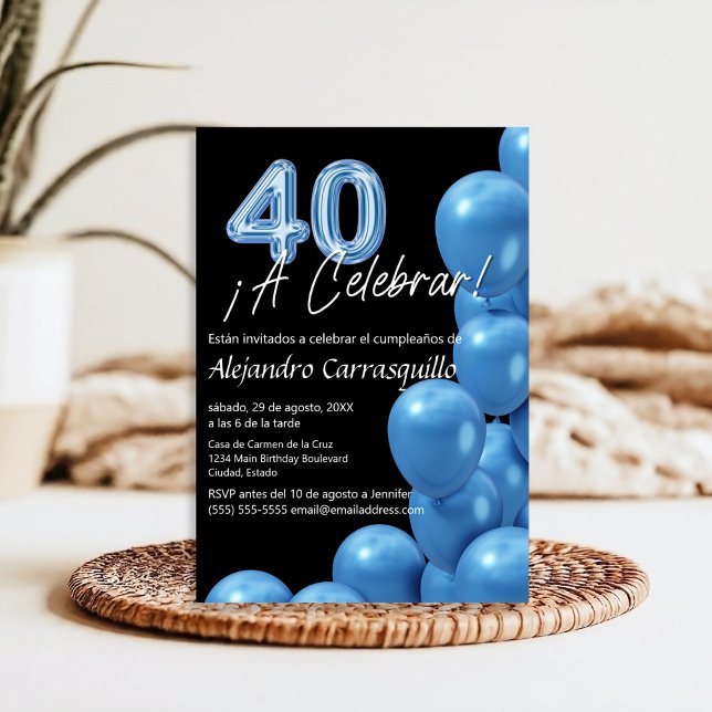Budget Spanish Blue Balloons & Black 40th Birthday Invitation (Creator Uploaded)