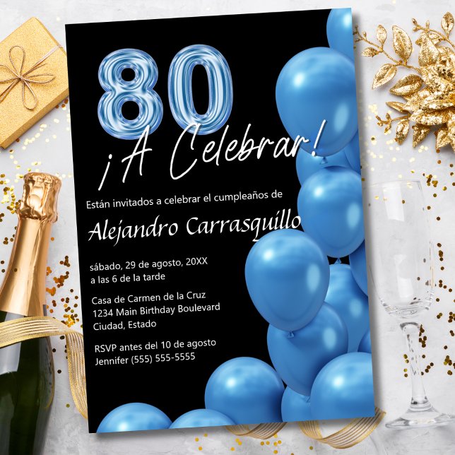 Budget Spanish Blue Balloons Black 80th Birthday Invitation (Creator Uploaded)