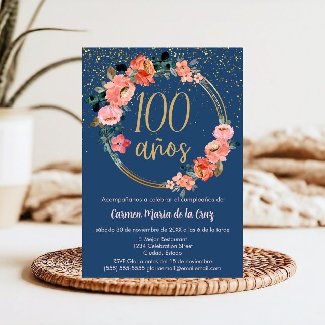 Budget Spanish Chic Elegant Floral 100th Birthday Invitation (Creator Uploaded)