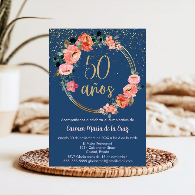 Budget Spanish Elegant Blue Floral 50th Birthday Invitation (Creator Uploaded)