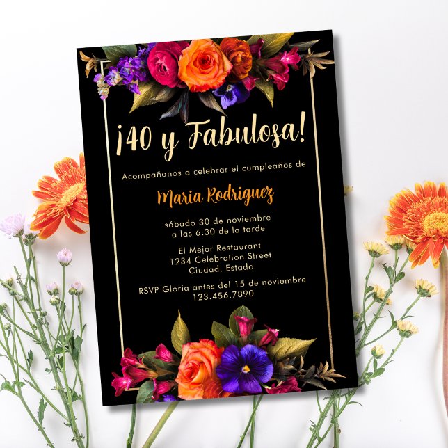 Budget Spanish Elegant Florals Black 40th Birthday Invitation (Creator Uploaded)