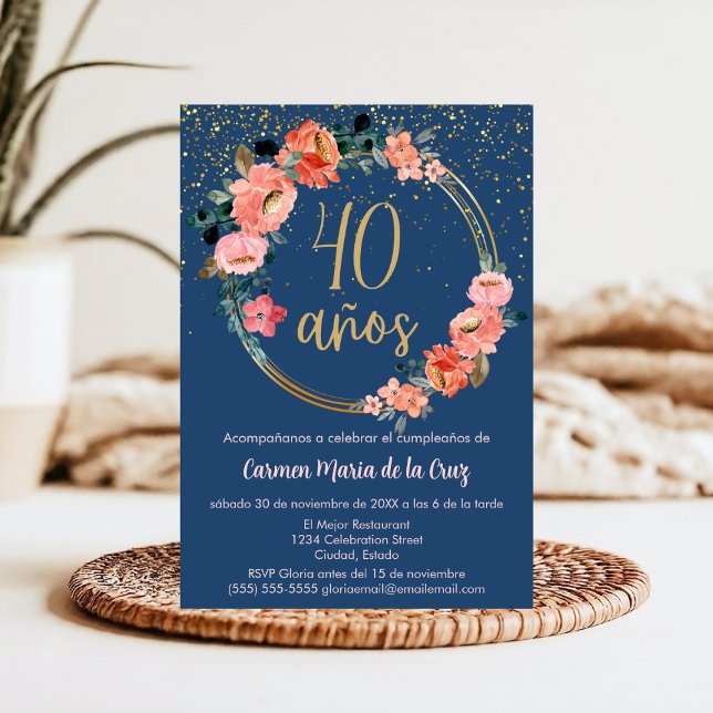 Budget Spanish Fancy Elegant Floral 40th Birthday Invitation (Creator Uploaded)