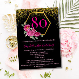 Budget Spanish Glam Black Gold Pink 80th Birthday Invitation