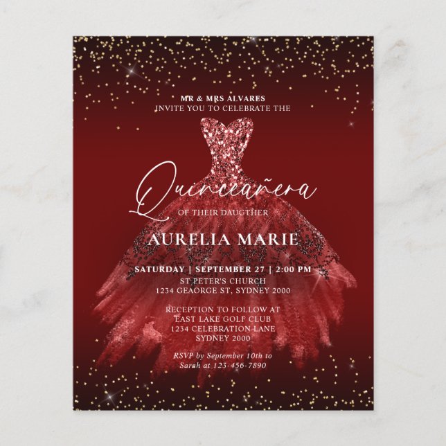 BUDGET Sparkle Gold Red Princess Dress Quinceanera (Front)