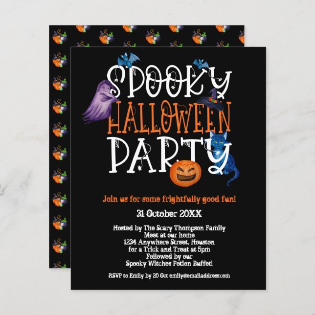 Budget Spooky Halloween Party Black Invitation (Front/Back)