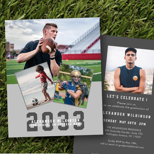 Budget Sporty Guy Modern 4 photo Grad Invitation (Creator Uploaded)
