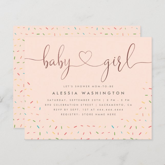 Budget Sprinkle Rose Gold Script Girl Baby Shower (Front/Back)
