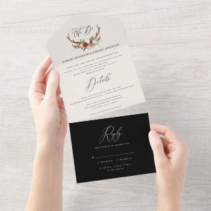 Budget stag black white floral rustic elegant all in one invitation