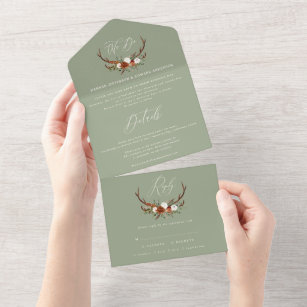 Budget stag green botanical rustic elegant all in one invitation