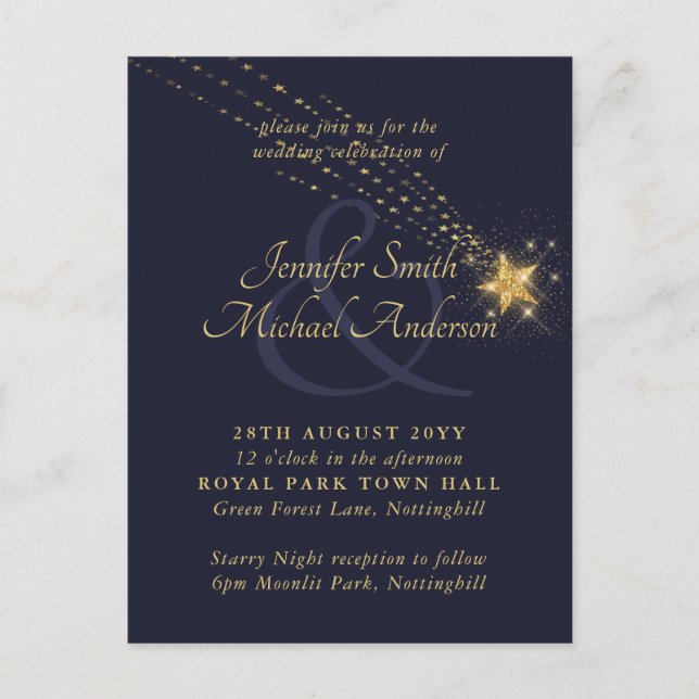 Budget Starry Night Blue Gold Wedding Invitation Postcard (Front)