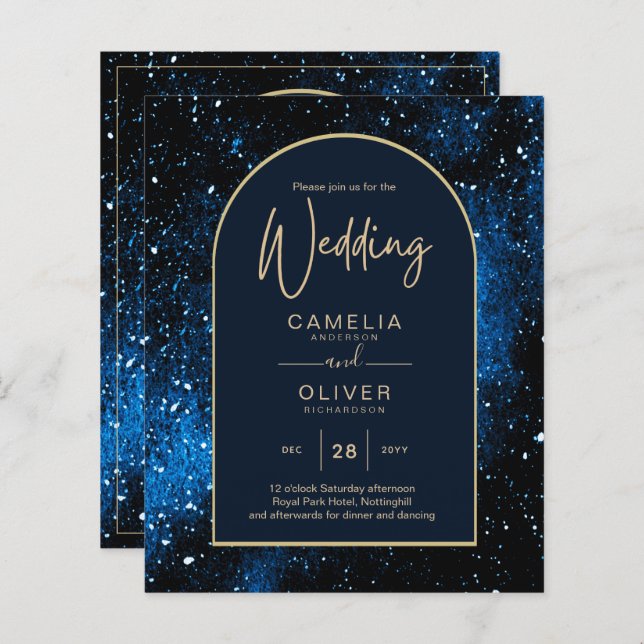 BUDGET Starry Night Navy Blue Gold Wedding INVITE (Front/Back)