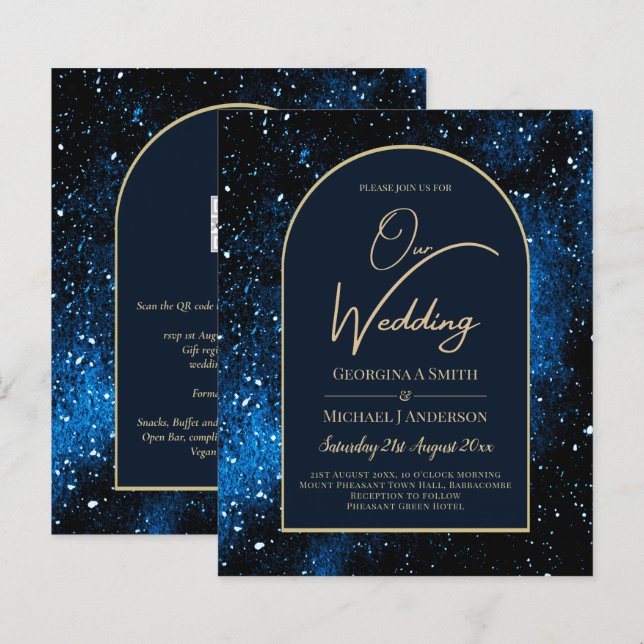 BUDGET Starry Night Navy Blue Gold Wedding INVITE (Front/Back)