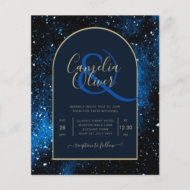 BUDGET Starry Night Navy Blue Gold Wedding INVITE Flyer (Front)