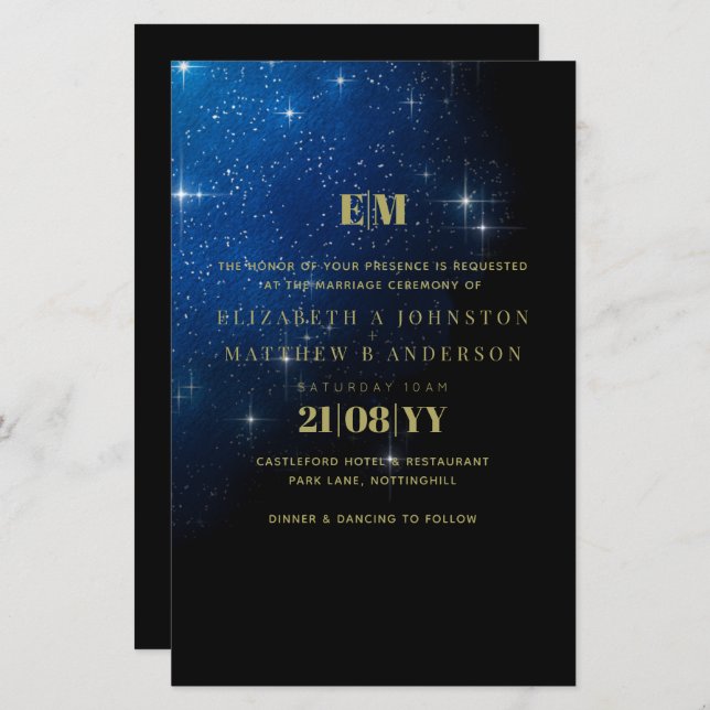 BUDGET Starry Night Navy Gold A9 Wedding Invites (Front/Back)